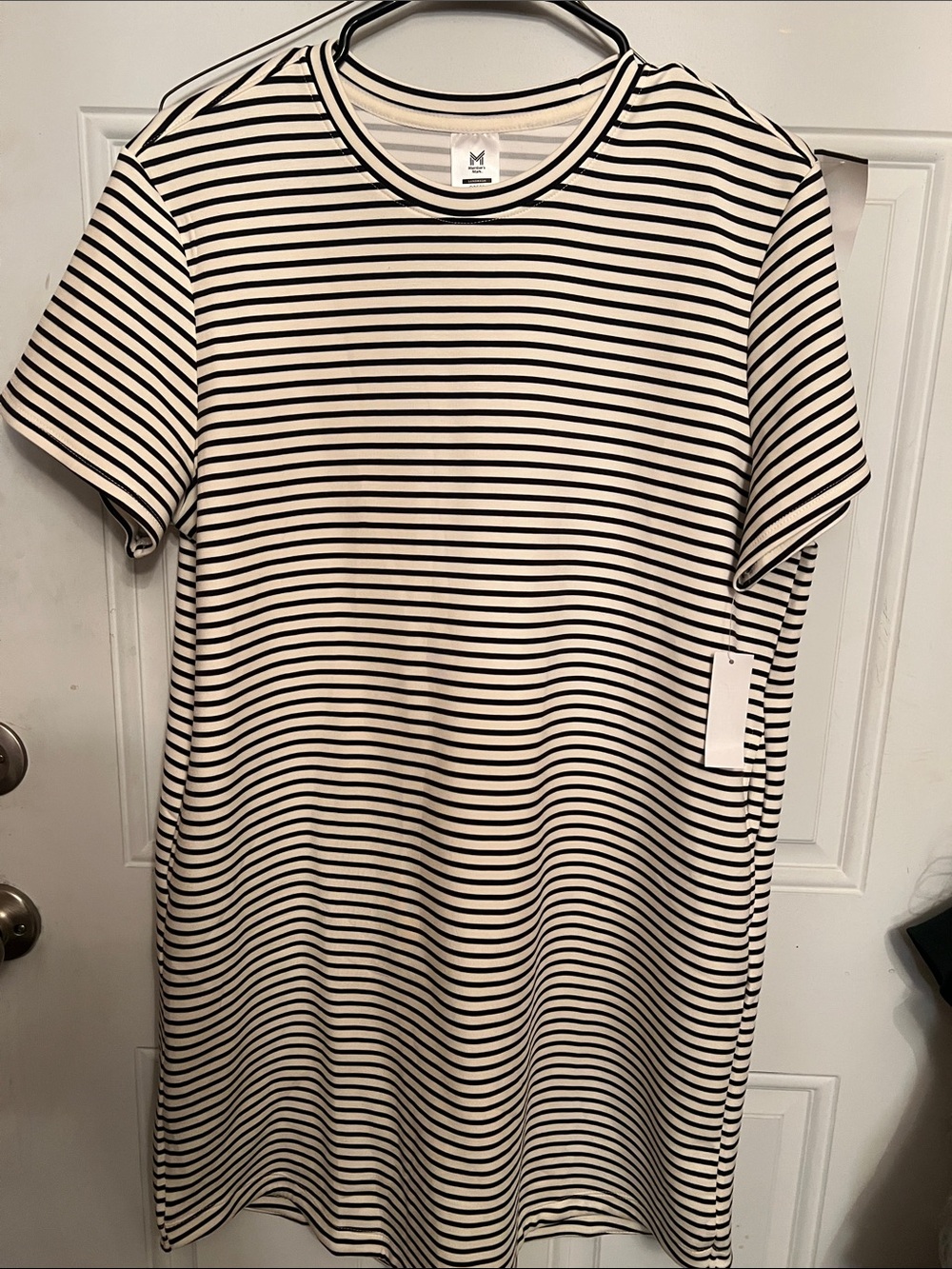 Striped Short Sleeve Shift Dress - Black & Cream